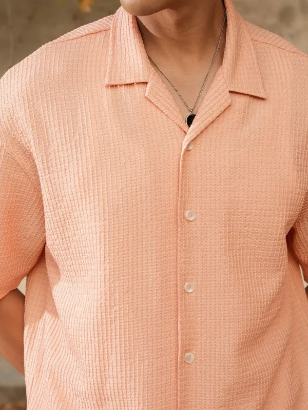 Locomotive Men Orange Textured Oversized Fit Casual Shirt