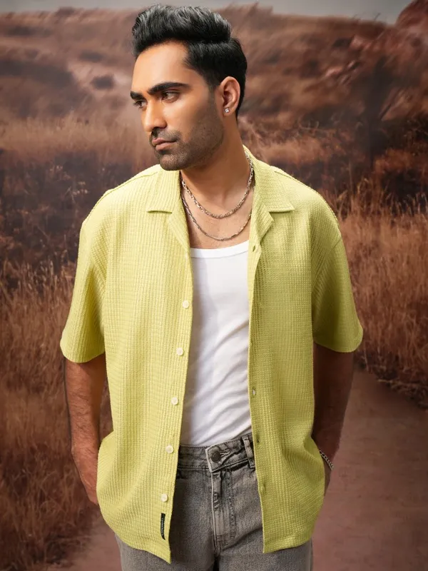  Locomotive Men Green Self Design Oversized Fit Casual Shirts