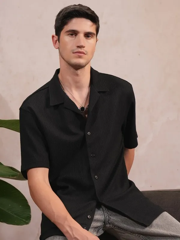  Locomotive Men Black Self Design Regular Fit Casual Shirts