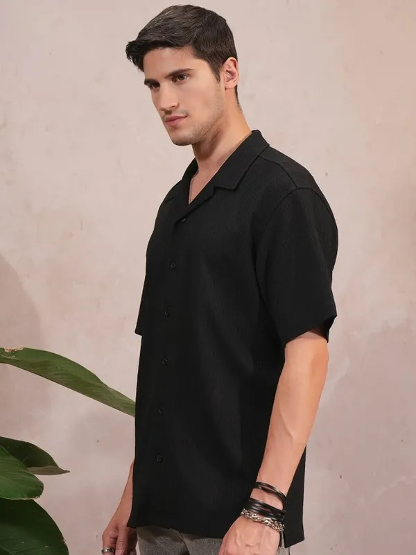  Locomotive Men Black Self Design Regular Fit Casual Shirts