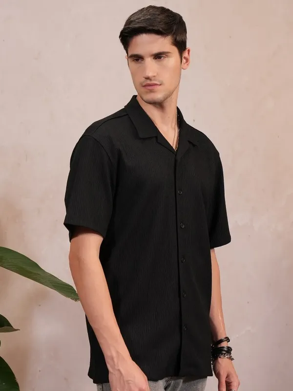  Locomotive Men Black Self Design Regular Fit Casual Shirts