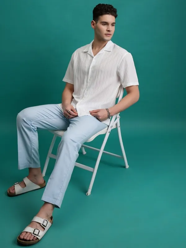  Highlander Men White Striped Oversized Fit Casual Shirts