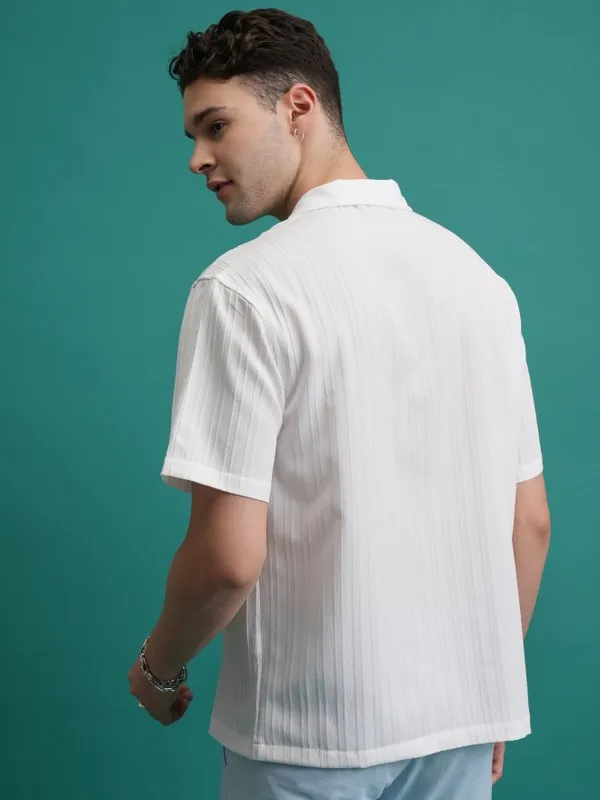  Highlander Men White Striped Oversized Fit Casual Shirts
