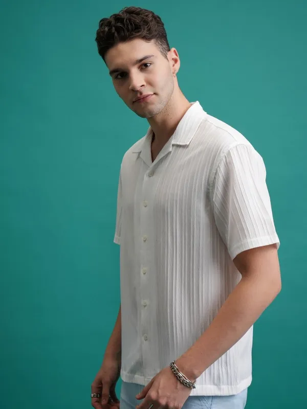  Highlander Men White Striped Oversized Fit Casual Shirts