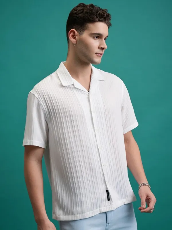  Highlander Men White Striped Oversized Fit Casual Shirts