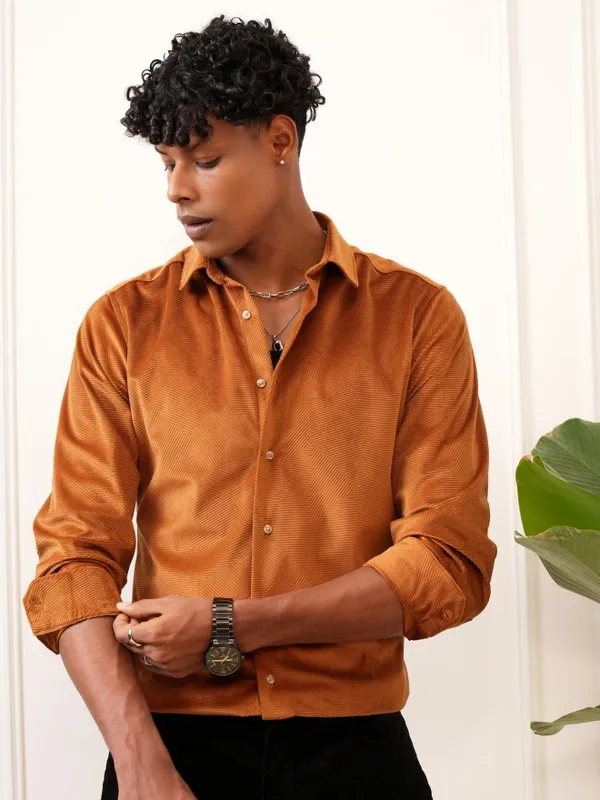  Locomotive Men Terracotta Self Design Slim Fit Casual Shirts