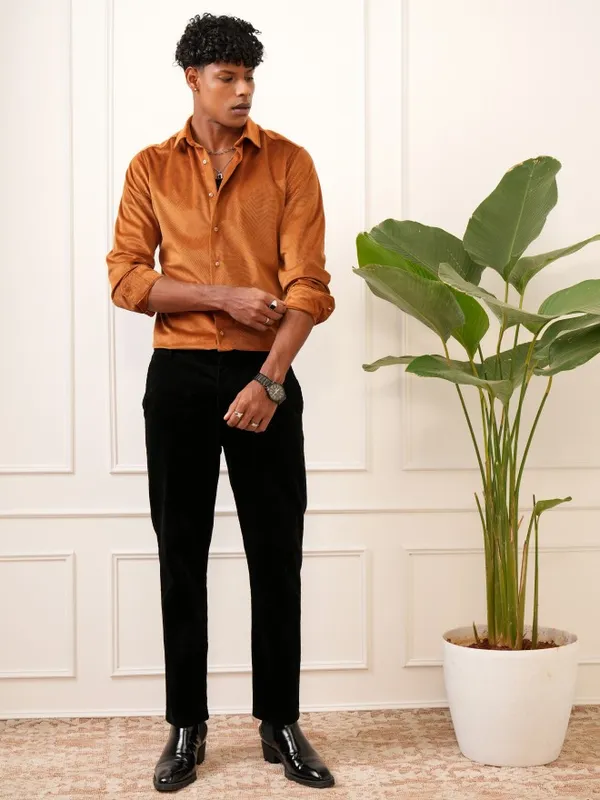  Locomotive Men Terracotta Self Design Slim Fit Casual Shirts