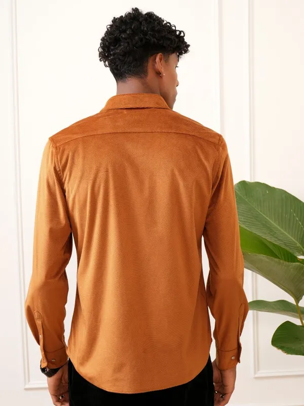  Locomotive Men Terracotta Self Design Slim Fit Casual Shirts