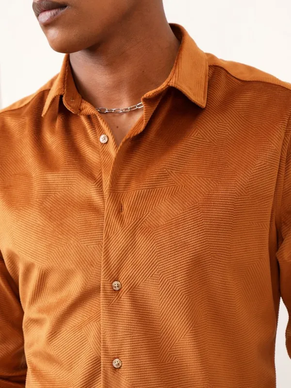  Locomotive Men Terracotta Self Design Slim Fit Casual Shirts