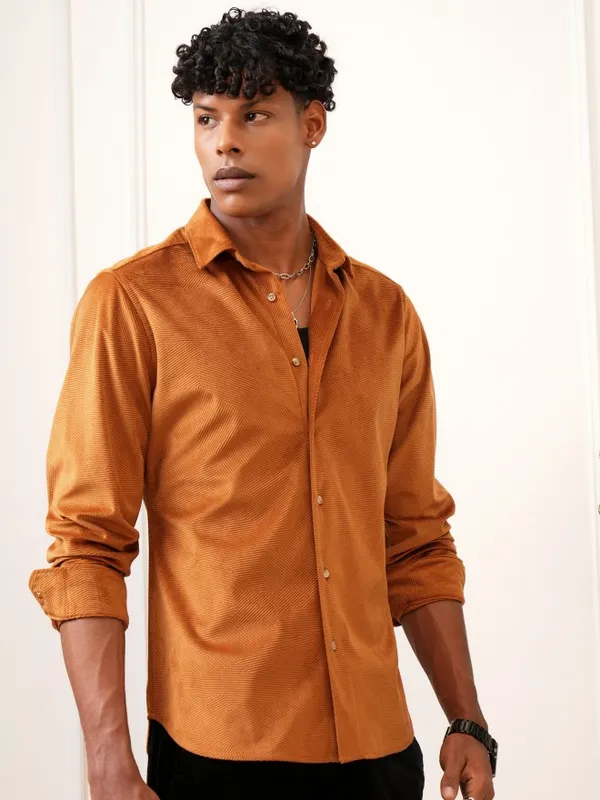  Locomotive Men Terracotta Self Design Slim Fit Casual Shirts