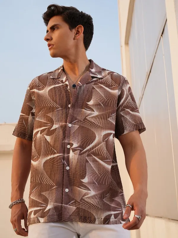  Locomotive Men Brown Printed Relaxed Fit Casual Shirts