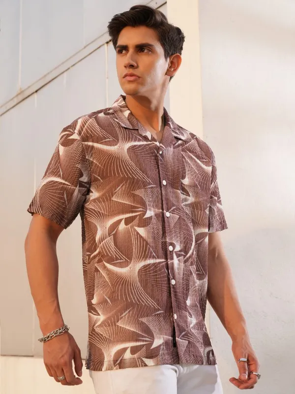  Locomotive Men Brown Printed Relaxed Fit Casual Shirts