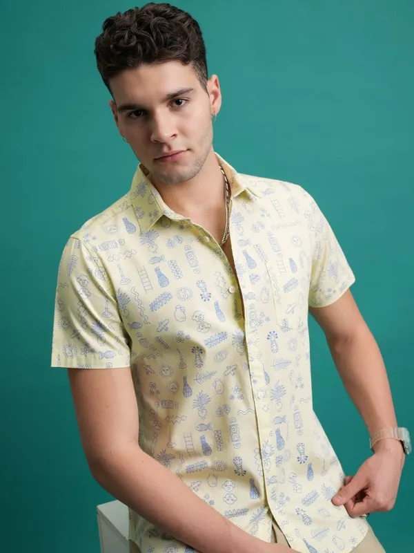  Ketch Men Yellow Printed Slim Fit Casual Shirts