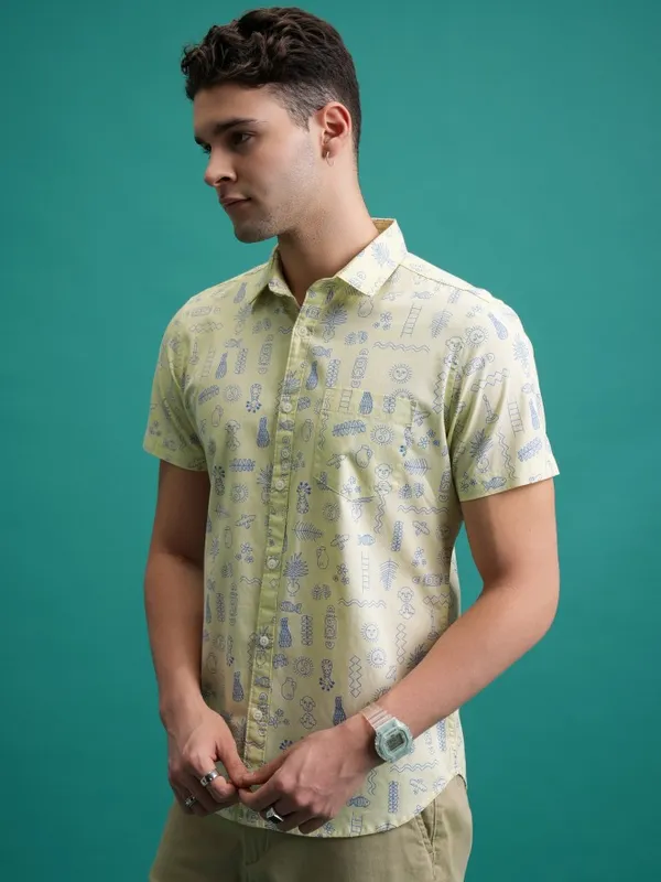  Ketch Men Yellow Printed Slim Fit Casual Shirts