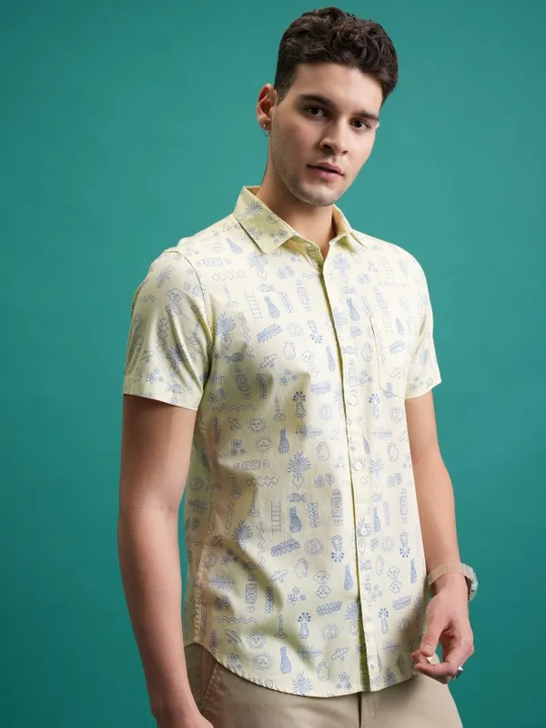  Ketch Men Yellow Printed Slim Fit Casual Shirts