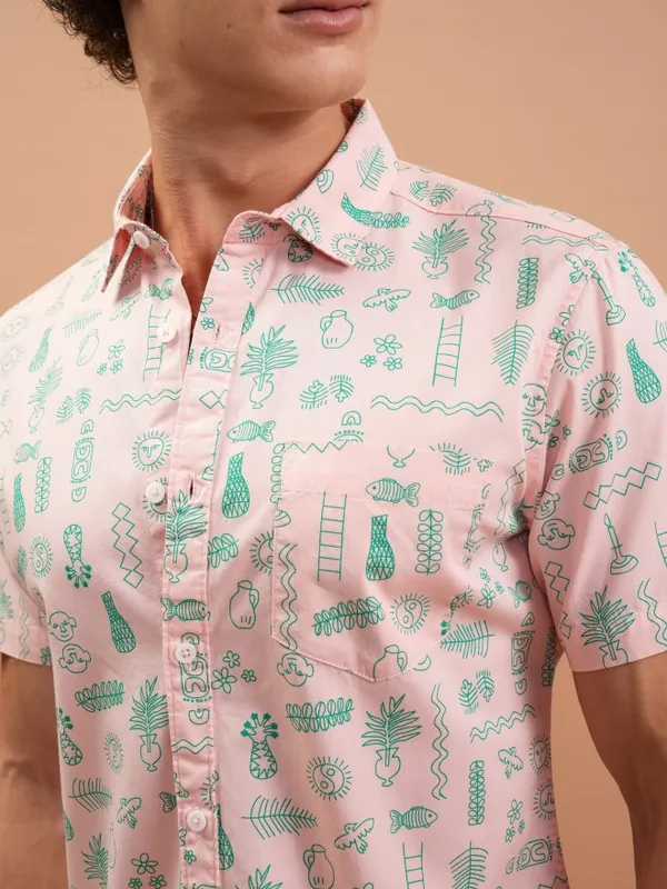  Ketch Men Pink Printed Slim Fit Casual Shirts