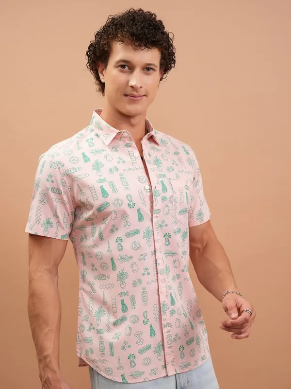  Ketch Men Pink Printed Slim Fit Casual Shirts