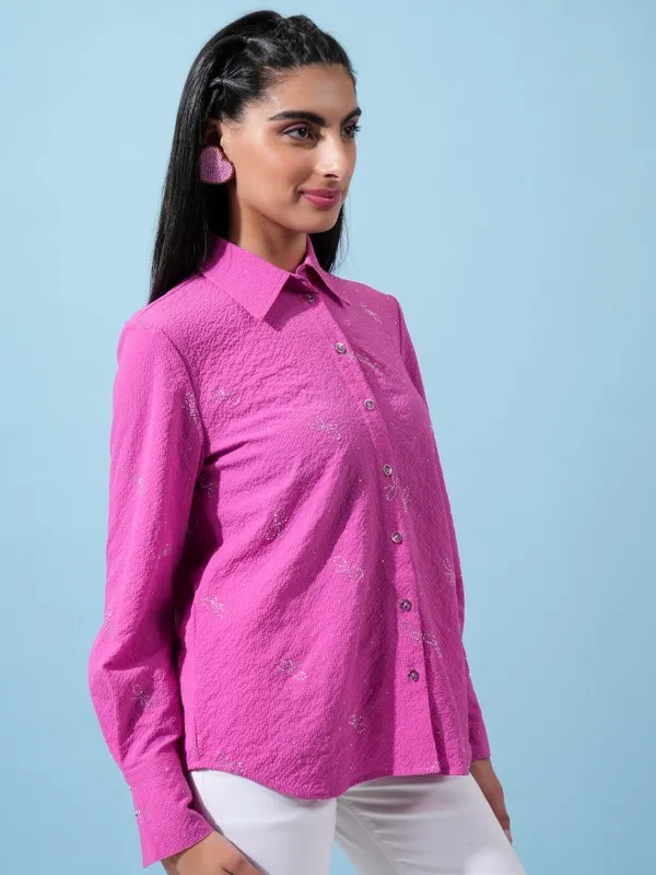  Tokyo Talkies Women Purple Self Design Casual Shirts