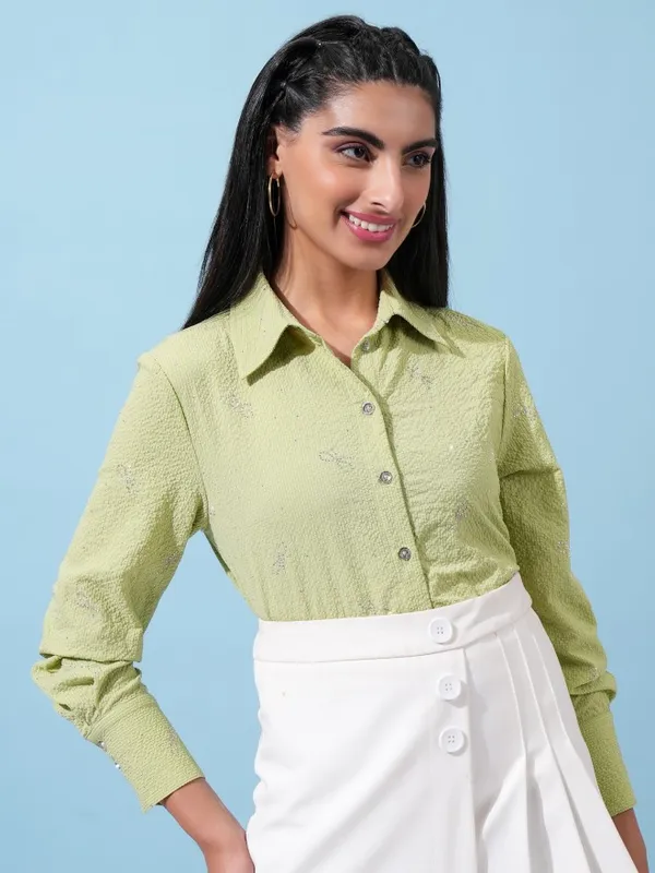  Tokyo Talkies Women Green Self Design Casual Shirts