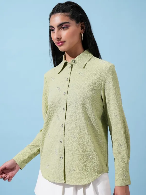  Tokyo Talkies Women Green Self Design Casual Shirts