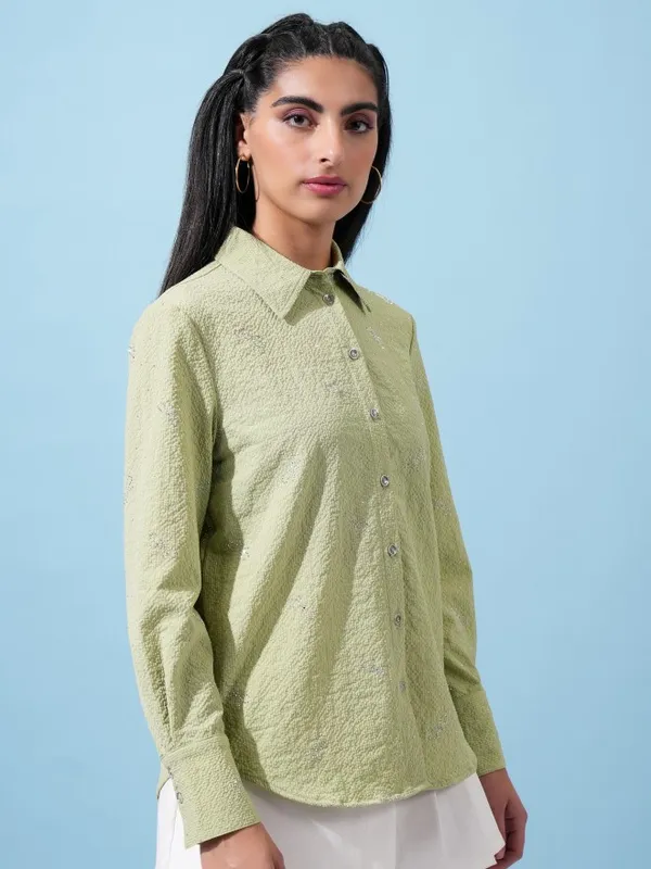  Tokyo Talkies Women Green Self Design Casual Shirts