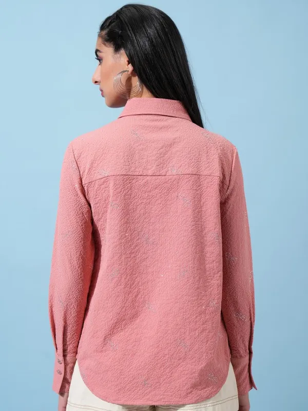  Tokyo Talkies Women Coral Self Design Casual Shirts