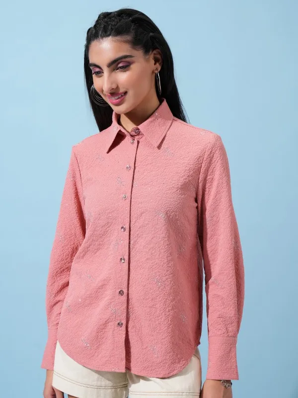  Tokyo Talkies Women Coral Self Design Casual Shirts