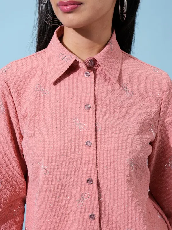  Tokyo Talkies Women Coral Self Design Casual Shirts