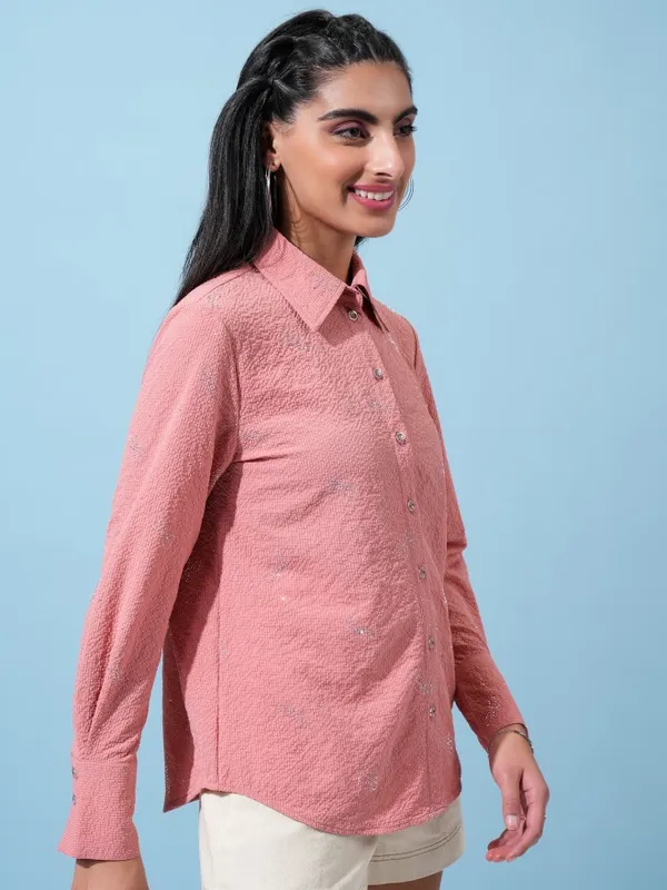  Tokyo Talkies Women Coral Self Design Casual Shirts