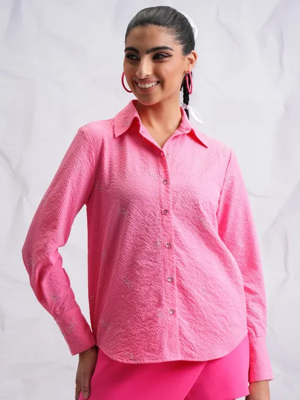  Tokyo Talkies Women Pink Self Design Casual Shirts