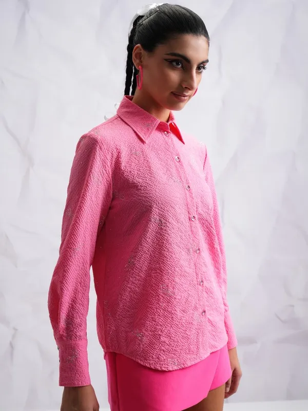  Tokyo Talkies Women Pink Self Design Casual Shirts