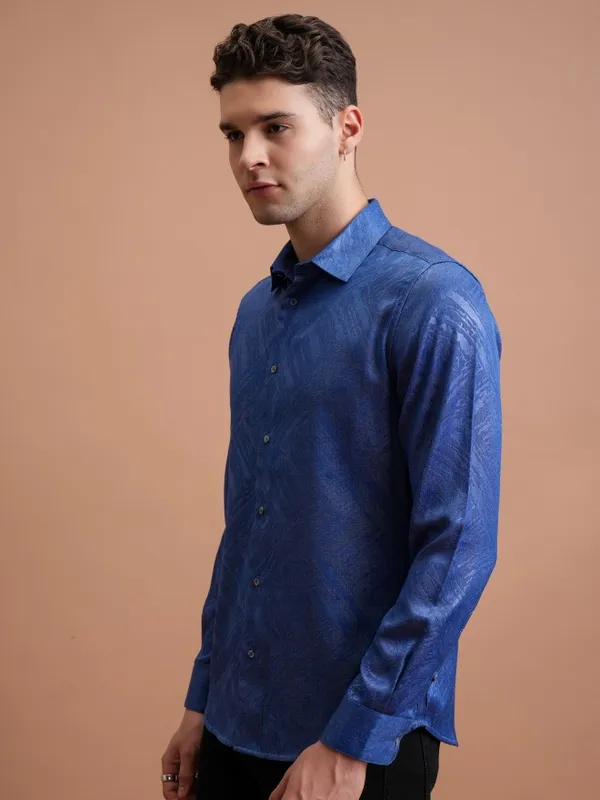  Highlander Men Blue Self Design Slim Fit Casual Shirts