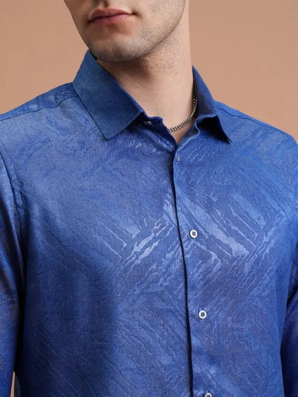  Highlander Men Blue Self Design Slim Fit Casual Shirts