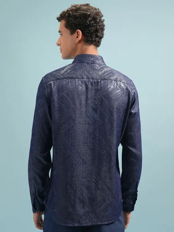  Highlander Men Navy Blue Textured Slim Fit Casual Shirts