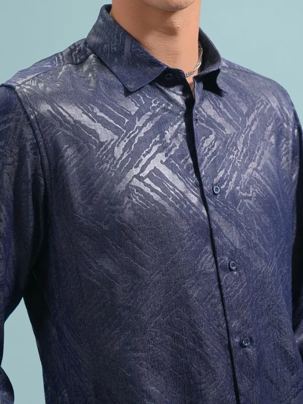  Highlander Men Navy Blue Textured Slim Fit Casual Shirts
