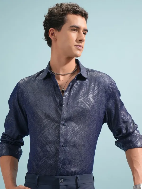  Highlander Men Navy Blue Textured Slim Fit Casual Shirts