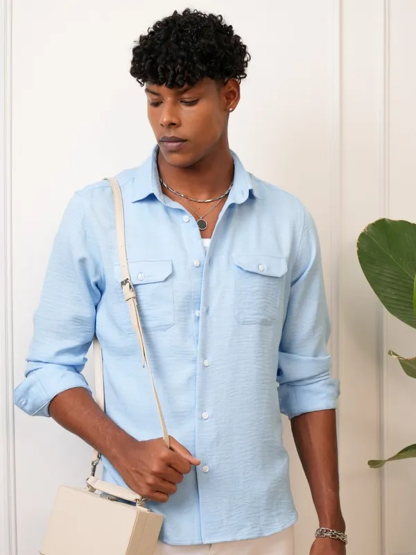  Locomotive Men Blue Self Design Slim Fit Casual Shirts