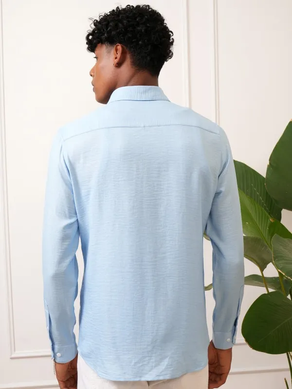  Locomotive Men Blue Self Design Slim Fit Casual Shirts