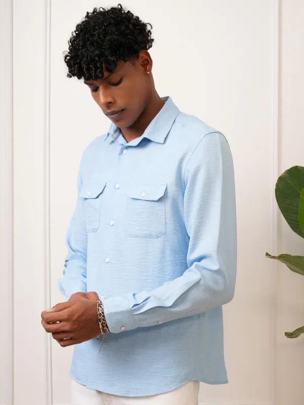  Locomotive Men Blue Self Design Slim Fit Casual Shirts