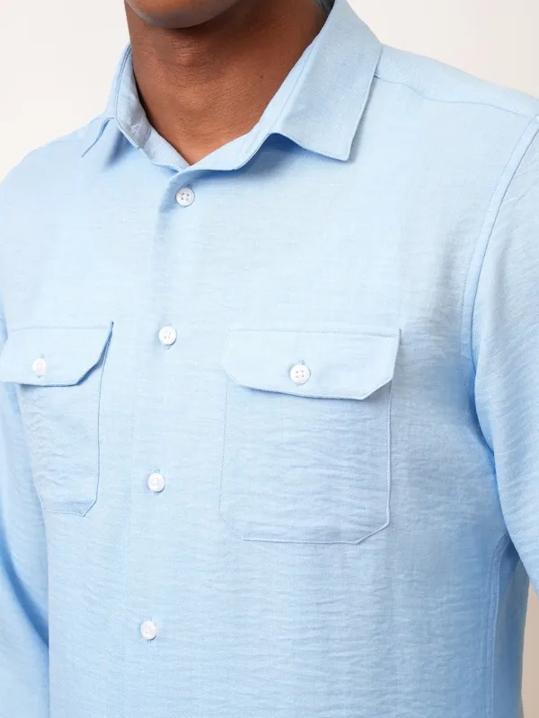  Locomotive Men Blue Self Design Slim Fit Casual Shirts