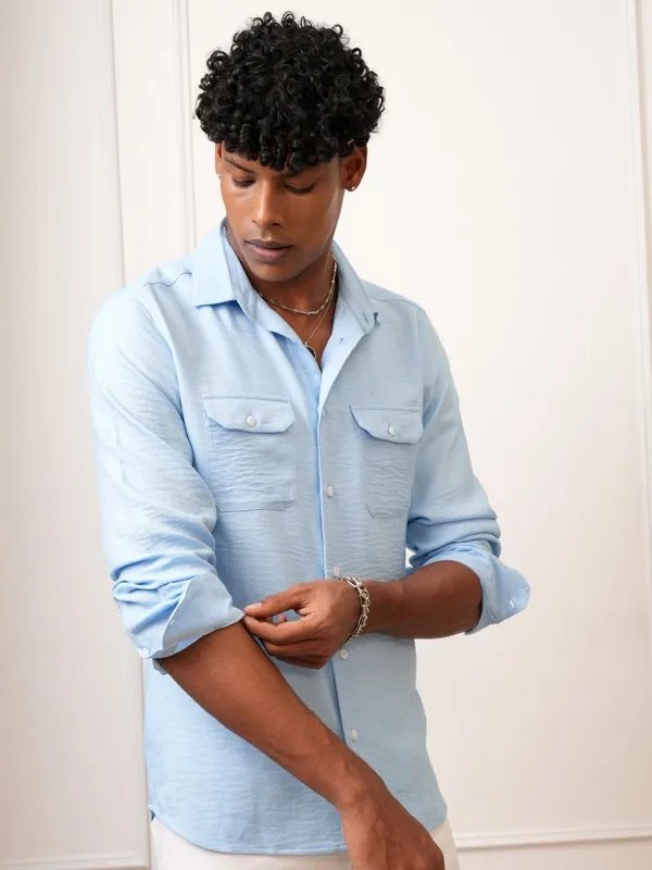  Locomotive Men Blue Self Design Slim Fit Casual Shirts