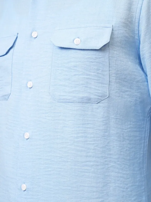  Locomotive Men Blue Self Design Slim Fit Casual Shirts