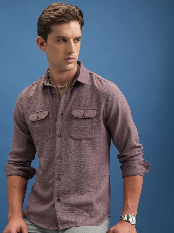 Locomotive Men Purple Self Design Slim Fit Casual Shirts