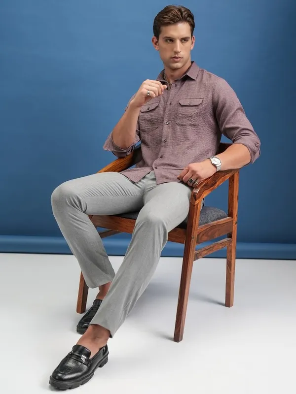 Locomotive Men Purple Self Design Slim Fit Casual Shirts