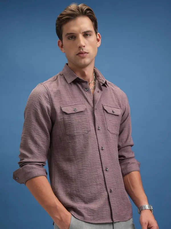 Locomotive Men Purple Self Design Slim Fit Casual Shirts