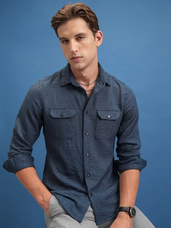  Locomotive Men Navy Blue Self Design Slim Fit Casual Shirts