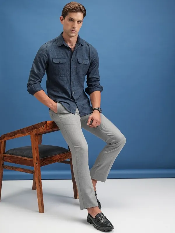  Locomotive Men Navy Blue Self Design Slim Fit Casual Shirts