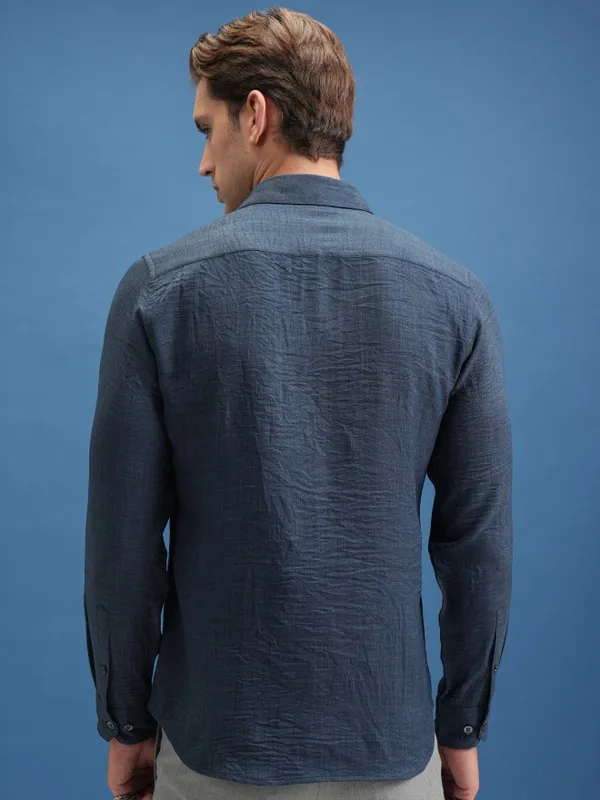  Locomotive Men Navy Blue Self Design Slim Fit Casual Shirts