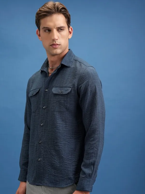  Locomotive Men Navy Blue Self Design Slim Fit Casual Shirts