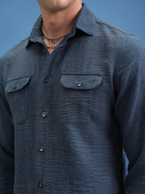  Locomotive Men Navy Blue Self Design Slim Fit Casual Shirts